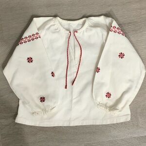 Hand Embroidered Girl’s Ukrainian White Linin Blouse with Red/Black Embroidery